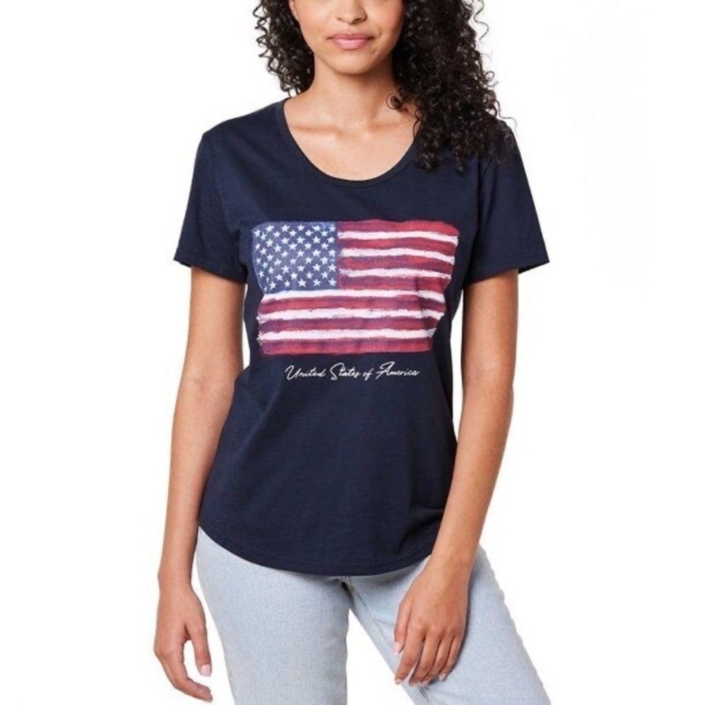 NWT General Standard Americana Flag Tee Women L Navy Blue Cotton Scoop Neck USA